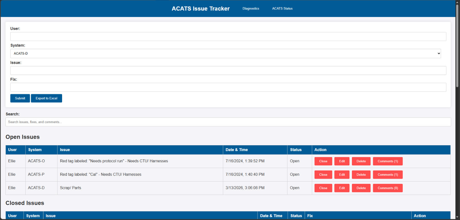 System Issue Tracker showing open and closed issue tables